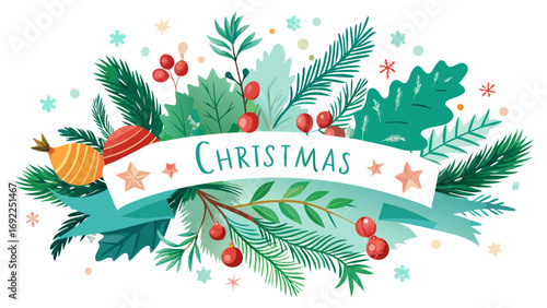 Whimsical christmas banner with festive foliage berries ornaments and snowflakes on white background