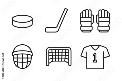 Ice hockey equipment icons: puck, stick, gloves, mask, goal, jersey
