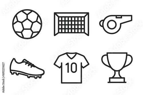 Soccer equipment icons: ball, goal, whistle, cleat, jersey, trophy