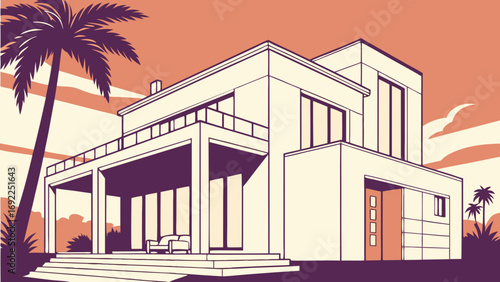 Modern House Illustration Architectural Design Tropical Sunset Background Home Exterior Residential Building Vector Art Real Estate Property Contemporary Architecture Home Design House.