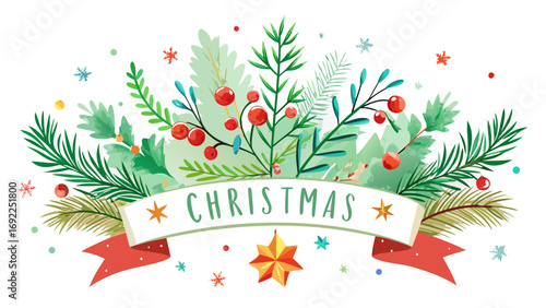 Festive christmas banner with greenery red berries snowflakes and stars on a white background