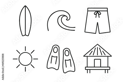 Summer beach icons: surfboard, wave, shorts, sun, flippers, hut