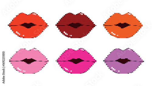 Set of pixel colorful female lips in cartoon style, collection of red juicy lips on white background, retro lips with lipstick for games and websites, gaming user interface