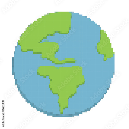 Pixel planet on white background, pixel earth for games and websites, World Earth Day, gaming user interface, nature conservation and save environment concept, Earth with continents in cartoon style