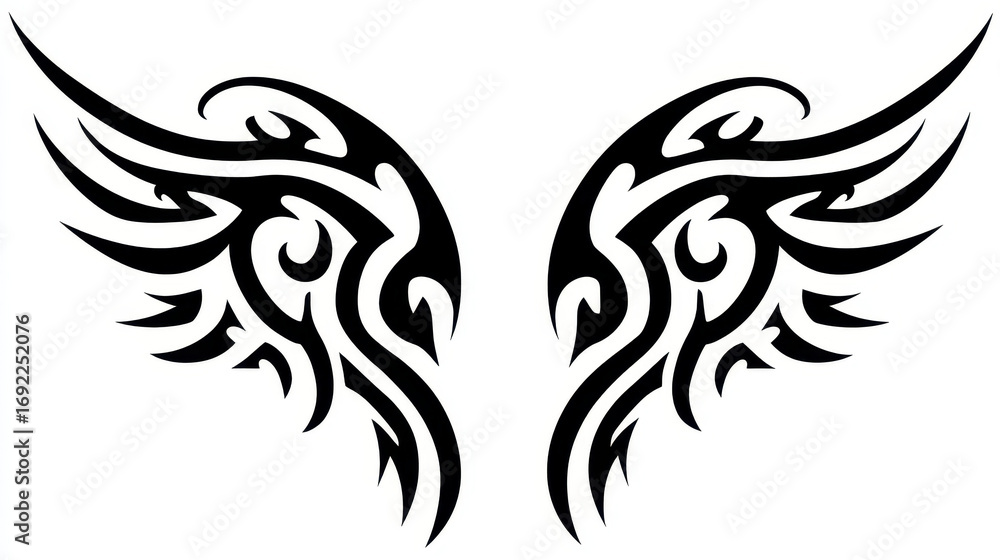Naklejka premium Intricate Black Tribal Wing Design with Curved Patterns for Creative Tattoo Art and Graphic Projects