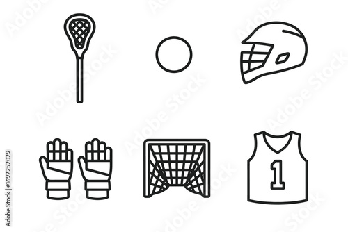 Lacrosse equipment: stick, ball, helmet, gloves, goal, jersey icon set