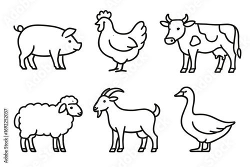 Collection of farm animal line drawings: pig, chicken, cow, sheep, goat, goose