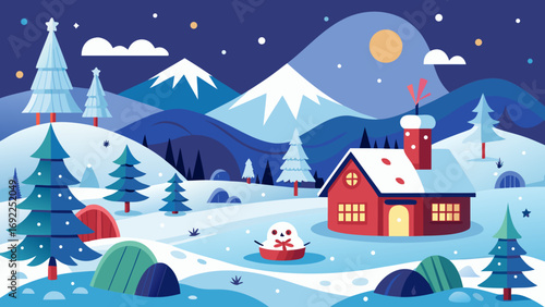 Charming flat illustration of a cozy winter village scene with snowman and red house