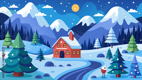 Cozy red cabin nestled in snow covered mountains with pine trees and falling snow at night