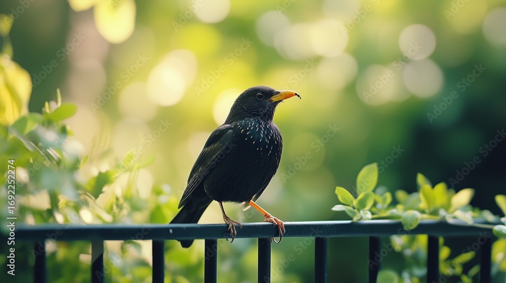Fototapeta premium Black bird on fence. Blackbirds eat the foliage of a fence in summer. Vibrant green field with a vibrant green field in countryside. A dark bird perched on a lifestyle fence.