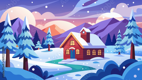Cozy red cabin nestled in a snowy winter landscape with pine trees and mountains