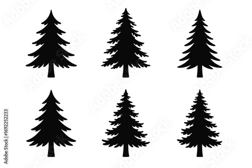 Set of six evergreen tree silhouettes with distinctive shapes