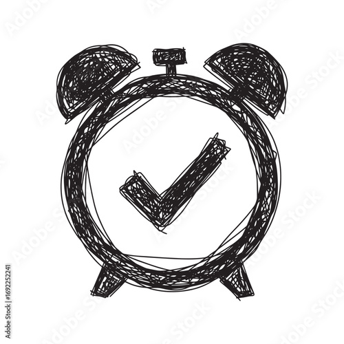 Hand drawn alarm clock icon with check mark, timely completion sketch, deadline approved doodle symbol, vector line art illustration.
