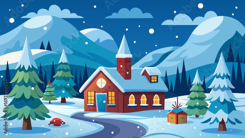 Cozy winter cabin nestled in snowy mountains with pine trees and falling snowflakes
