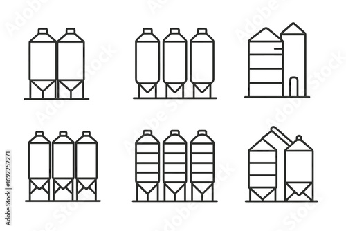 Set of linear silo and storage tank icons in simple black and white design