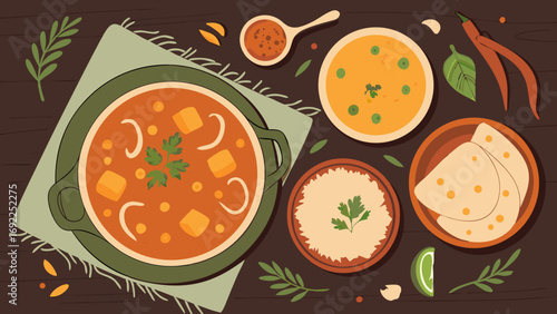 Spicy Curry Dish with Rice and Bread Overhead View Illustration.
