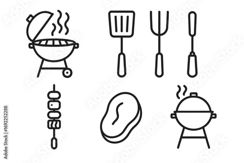 Grilling tools and food line icons featuring bbq grill, skewer, steak, spatula, fork, turner