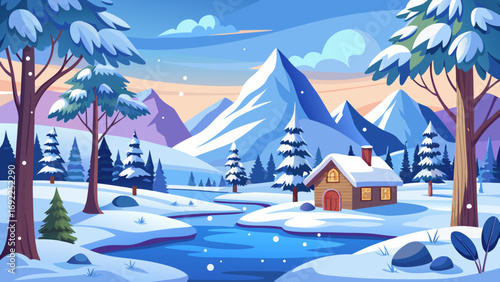 Cozy wooden cabin nestled in a snowy winter landscape with mountains and a flowing river