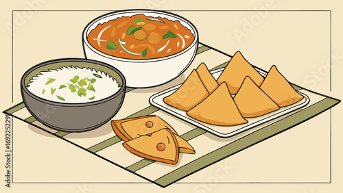 Spicy Indian Cuisine Vegetable Curry Rice Samosas Flatbread Food Illustration Delicious Meal Asian Food Restaurant Menu Culinary Art Dinner Plate Home Cooked Meal Tasty Dish Appetizi.