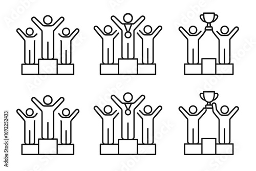 Award podium line icons: trophy and medal winners celebrating success