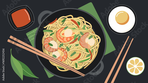 Stir-fried Noodles with Shrimp Egg and Vegetables Top View Illustration for Restaurant Menu Food Blog or Cookbook Design.
