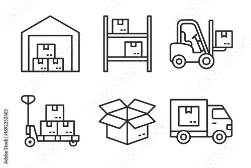 Warehouse and logistics icons set: forklift, boxes, truck, delivery, storage solutions