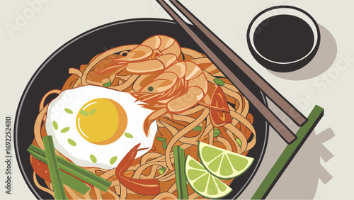 Stir-fried Noodles with Shrimp Egg and Lime Asian Cuisine Illustration for Menu Cookbook or Website Design.