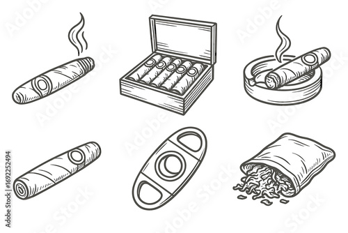 Cigar sketches: tobacco, box, ashtray, cutter, packaging, leaves