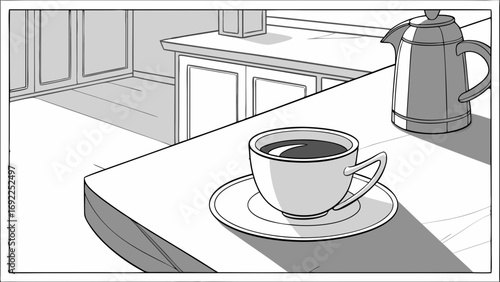 Morning Coffee in a Kitchen Setting Simple Line Art Illustration.