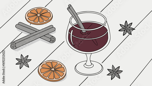 Mulled Wine Illustration with Spices and Orange Slices Festive Drink Design for Winter Season.