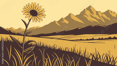 Mountain Meadow with Sunflower in Vintage Style Illustration.