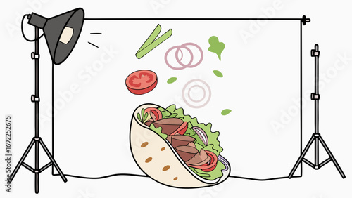 Studio Food Photography Delicious Wrap with Fresh Vegetables and Meat Ready to Eat.