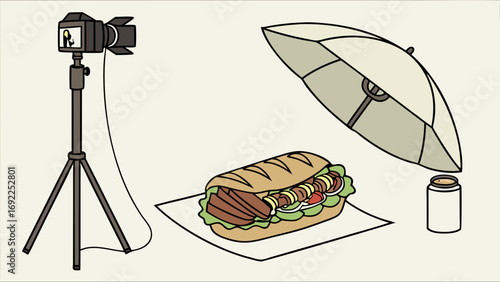 Studio Food Photography Setup with Sandwich Lighting and Reflector.