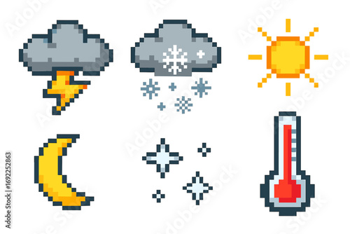 Pixel art weather icons: sun, cloud, moon, stars, temperature, lightning