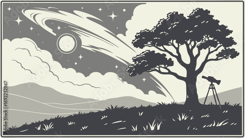 Night Sky Landscape with Telescope and Tree Stargazing Illustration Celestial Event Astronomy Art.