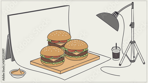 Studio Food Photography Three Delicious Burgers Backdrop Lighting and Drink.