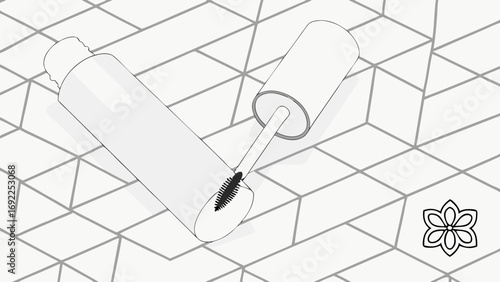 Open Mascara Tube with Applicator on Geometric Background.