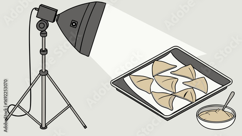 Studio lighting setup for food photography pastries on a baking tray bowl of sauce overhead light professional food styling delicious treats appetizing image culinary photography recipe i.
