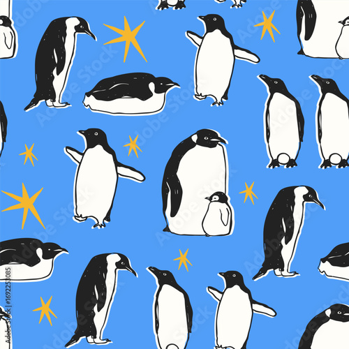 Set of king imperial penguins in different poses. Adult birds and chick. Standing, lying down, walking penguins. Cute adorable birds. Hand drawn modern Vector illustration. Square seamless Pattern