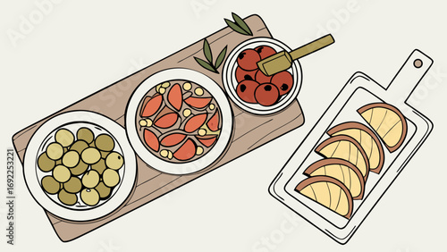 Overhead View of Appetizer Platter with Olives Tomatoes Berries and Bread Slices Flatlay Food Illustration.