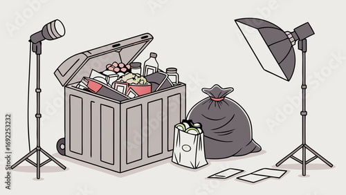 Studio Lighting Setup with Overfilled Recycling Bin and Trash Bag.