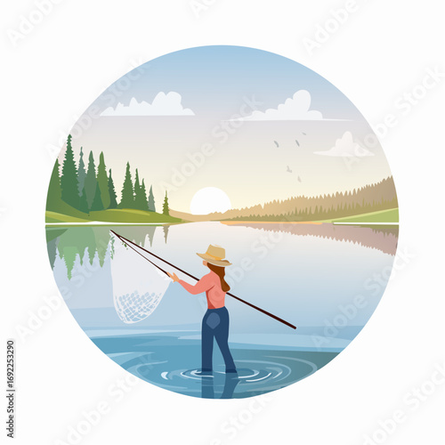 Woman Fishing With Net In Calm Lakeside Scene