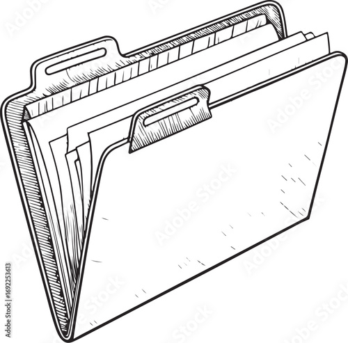 File Folder with Case Papers from Archive Documents Vector Illustration, Sketch Drawing Line Linear Symbol Icon Engraving Coloring Book, Hand-drawn Black and White Isolated