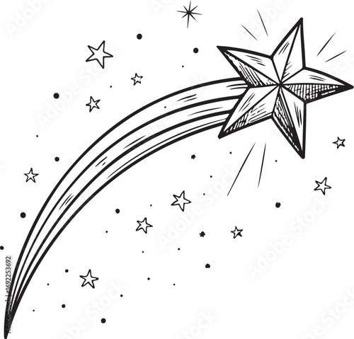 Shooting Star for Wish Vector Illustration, Sketch Drawing Line Linear Symbol Icon Engraving Coloring Book, Hand-drawn Black and White Isolated