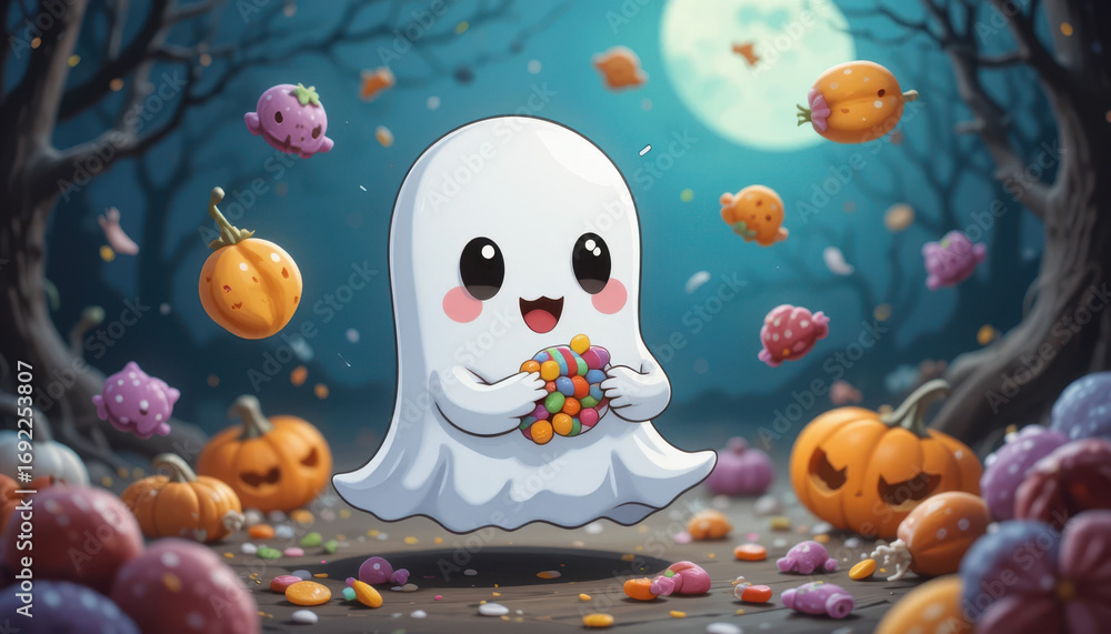 Obraz premium Joyful ghost collects candy in spooky forest halloween theme cartoon art nighttime whimsical concept