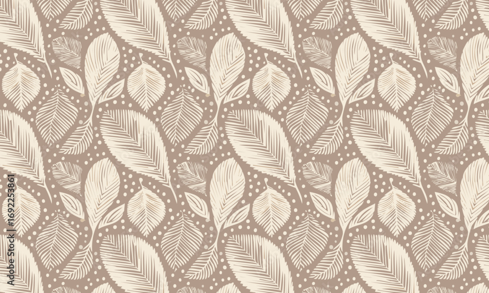 Fototapeta premium Hand Drawn Textured Boho Leaves Seamless Pattern