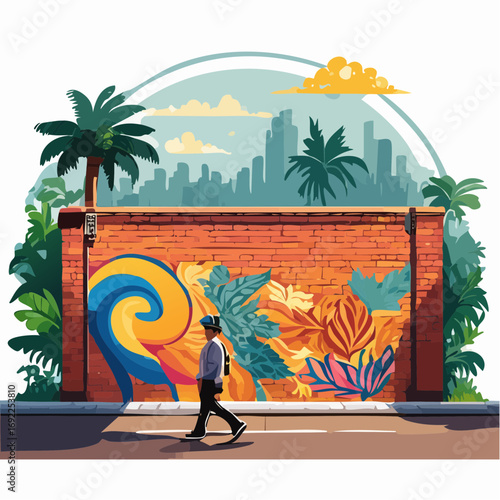 Urban Scene With Colorful Mural And Pedestrian