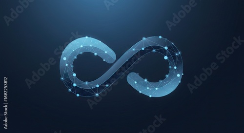 An infinity symbol depicted with a network of connected blue dots and lines on a dark blue background
