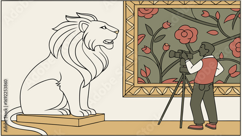 Photographer taking pictures of a lion statue and floral painting in an art gallery.