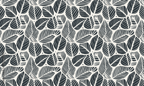Hand-Drawn Botanical Leaves Seamless Pattern, Abstract Black and White Foliage Texture Background